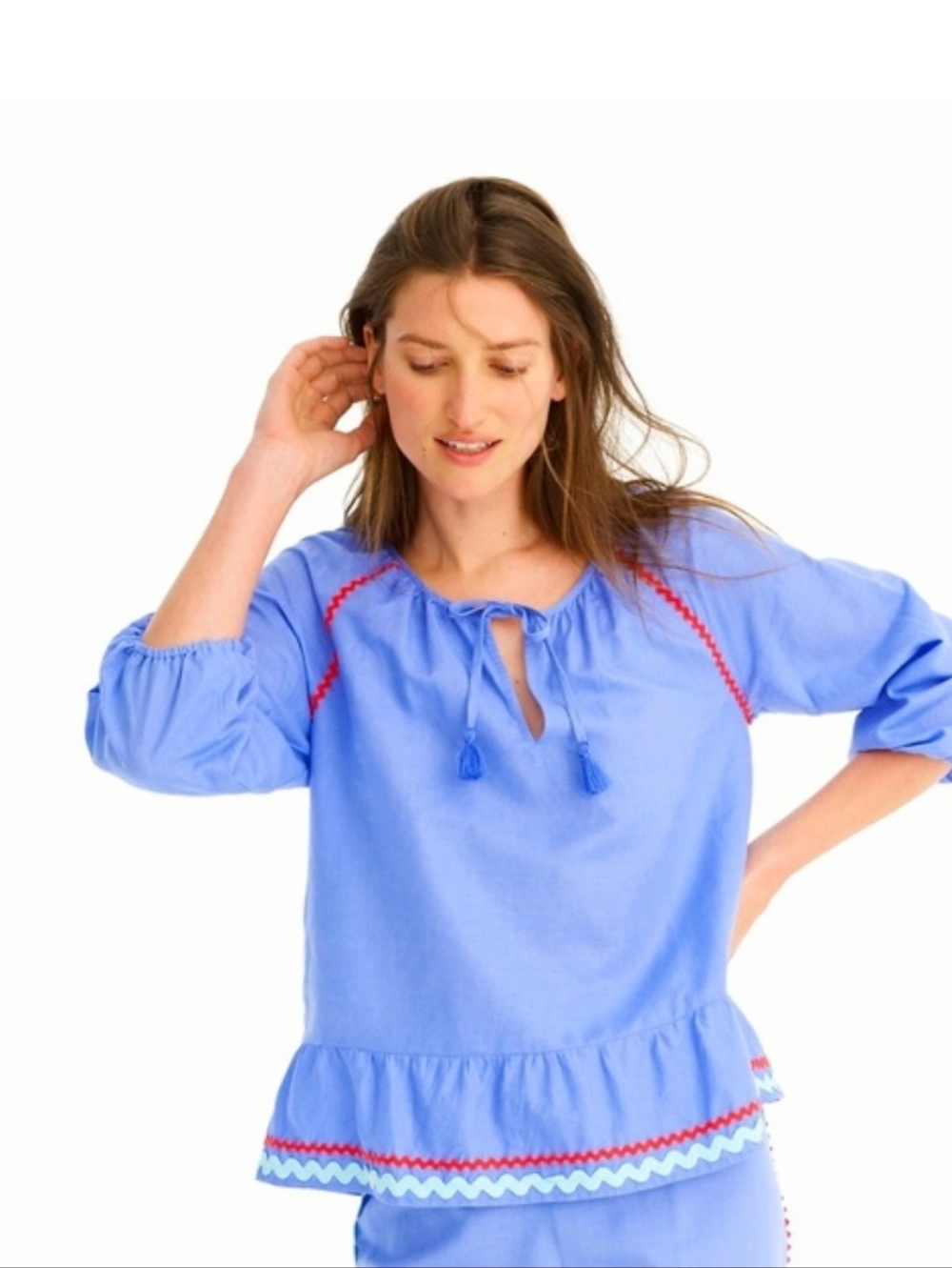 J. Crew Linen blend Peplum Blue ric rac blouse
